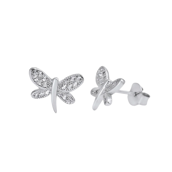Sterling Silver Dragonfly Stud Earrings with CZ - Picture 1 of 1